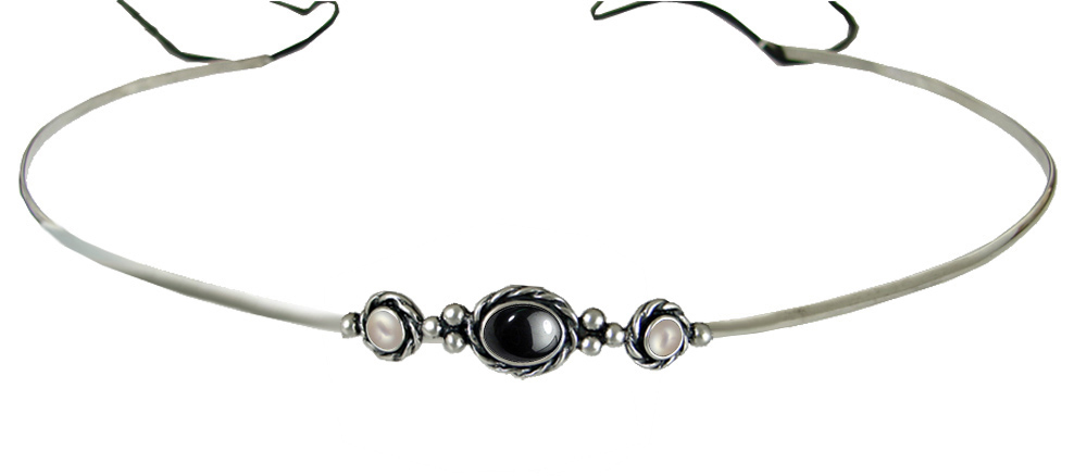 Sterling Silver Renaissance Style Headpiece Circlet Tiara With Hematite And Cultured Freshwater Pearl
